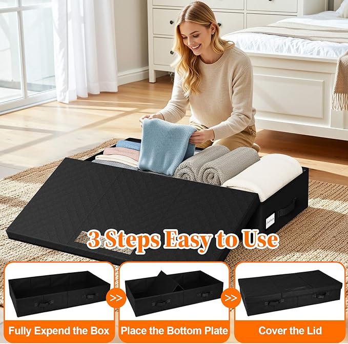 Under Bed Storage Containers with Lids - 2 Pack, Foldable and Stackable Clothes Storage Bags with Clear Window, 3-Sided Handles and Label Slot for Clothing, Blankets, Pillows (Black)