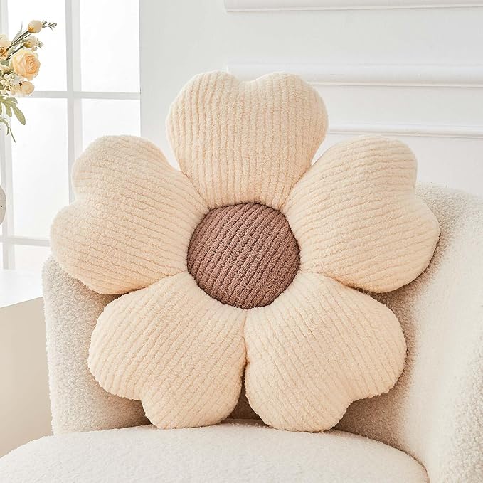 Kcvvcr Flower Throw Pillow, Cute Flower Shaped Pillow Decorative Throw Pillow for Bed Couch, Soft Daisy Pillows Floor Seating Cushion Cushions (14.9 Inch Ivory+Brown)