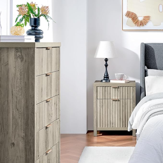 5 Drawers Dresser for Bedroom, 44 Inches Tall Modern Bedroom Dressers, Chest of Drawers for Bedroom, Fluted Dresser for Closet Organizer for Living Room, Hallway, Entryway (Grey Oak, 2 Pieces)