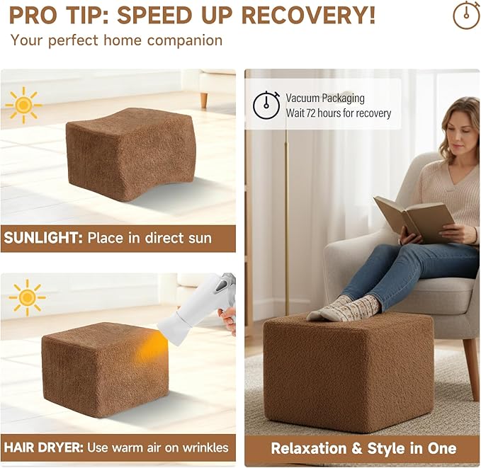 Tiita Pouf Ottoman and Foot Rest, Square Foam Stuffed Floor Pouf with Storag for Living Room, Brown