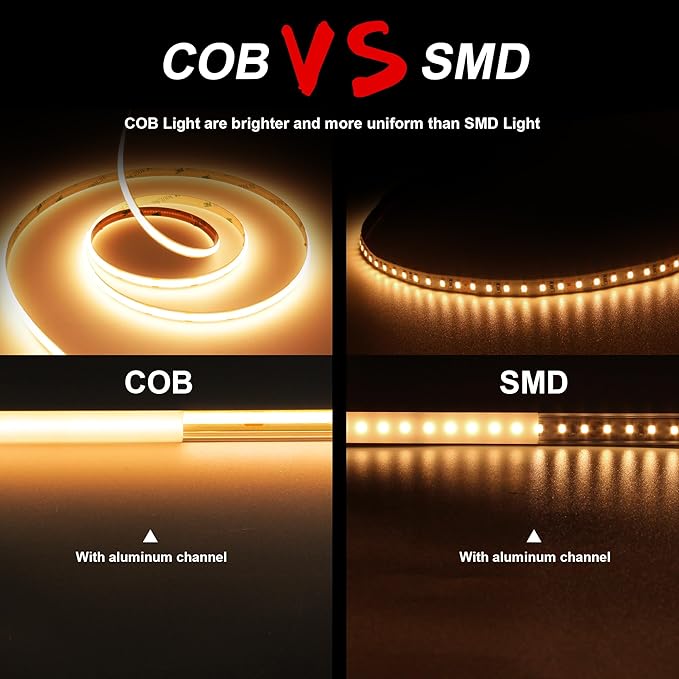 COB LED Strip Light 2700K, 24ft Dimmable Warm White LED Strip Light, CRI92+, DC24V Tape Light with RF Remote Timer Function, Bluetooth App Control for Home Bedroom Kitchen DIY Lighting.