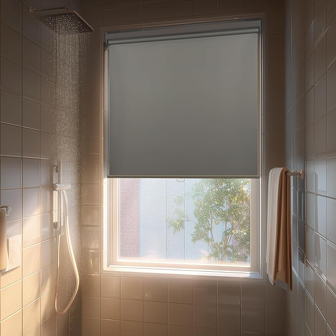 HESTIA No Drill Cordless Blackout Roller Shades Screwless Waterproof Shower Window Blinds, Auto-Retraction Easy Install Blind for Bathroom/Kitchen/Office/Exterior, Grey, 49" W x 72" H