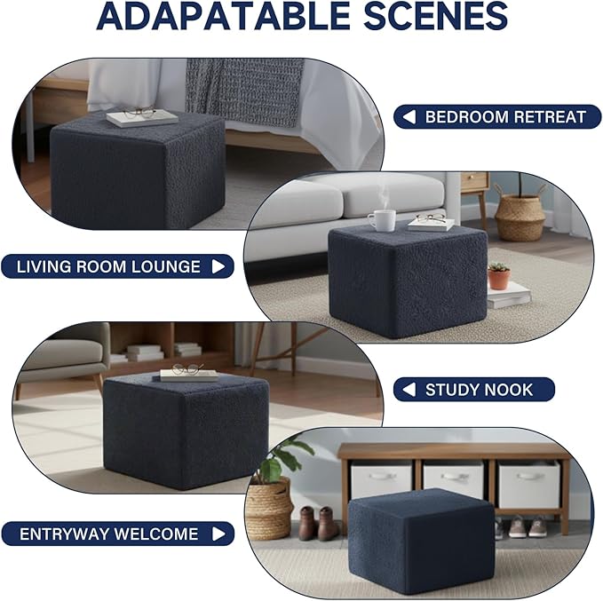 Tiita Stuffed Pouf Ottoman, Square Foot Stool Fluffy Floor Poufs Chair for Living Room Bedroom, Filled Boho Foot Rest for Couch, Blue-Grey