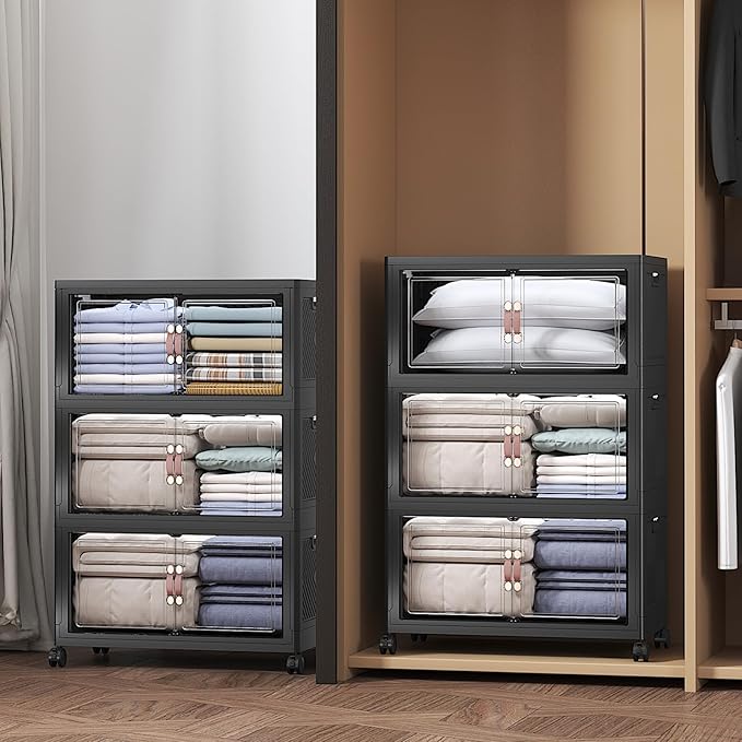 720Qt Stackable Storage Bins with Lids, 6 Pack Large Collapsible Bins with Wheels, Plastic Cabinet with Doors, Foldable Closet Organizers and Storage for Home, Dorm, Office, Black