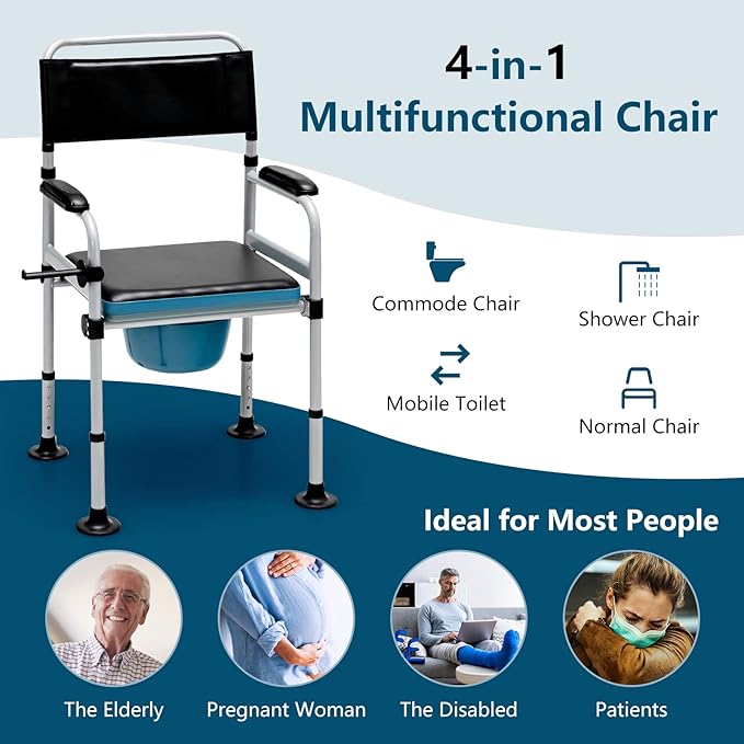 Goplus 4-in-1 Folding Bedside Commode, 440lbs Commode Chair for Toilet with Arms, Padded Seat, Height Adjustable Bedside Toilet, Shower Chair, Adult Potty Chair for Seniors Elderly Disabled Bariatric