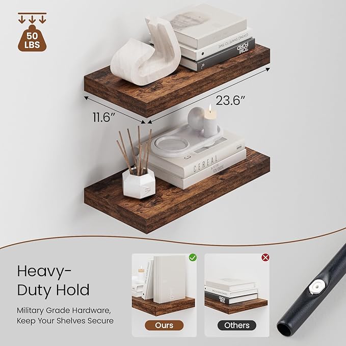 Heimlove 12" Deep Floating Shelves for Wall, 24 Inch Wall Mounted Shelf Set of 2 for Books Living Room Laundry Room Bedroom Kitchen Home Office, Rustic Brown