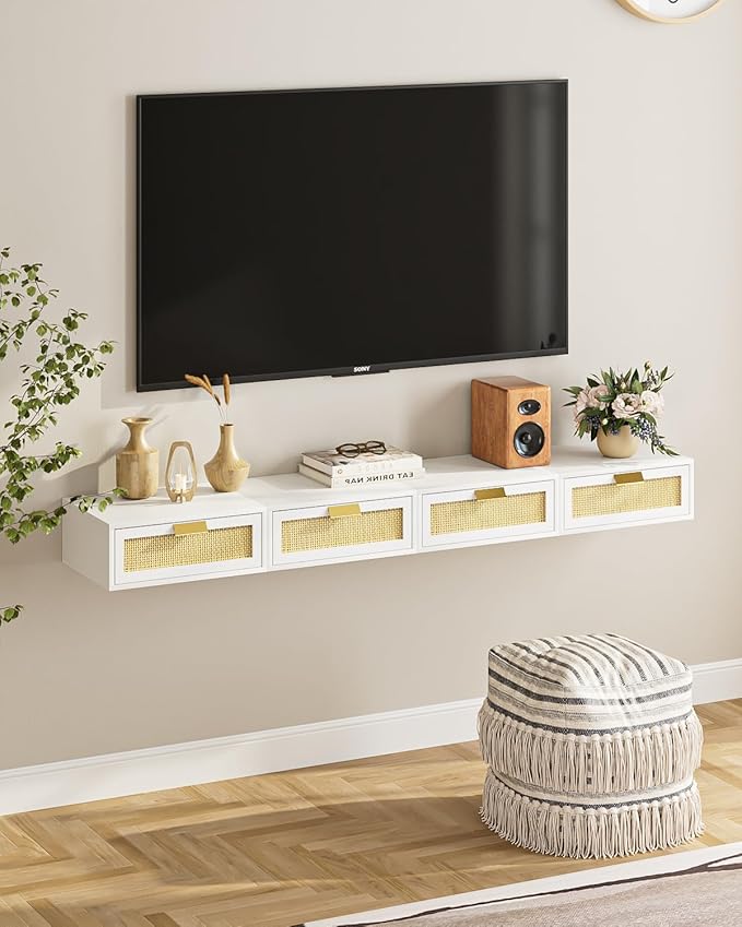 Floating Nightstand, Floating Shelf with Drawer, Wall Mounted Nightstand, Floating Bedside Table (White Rattan)
