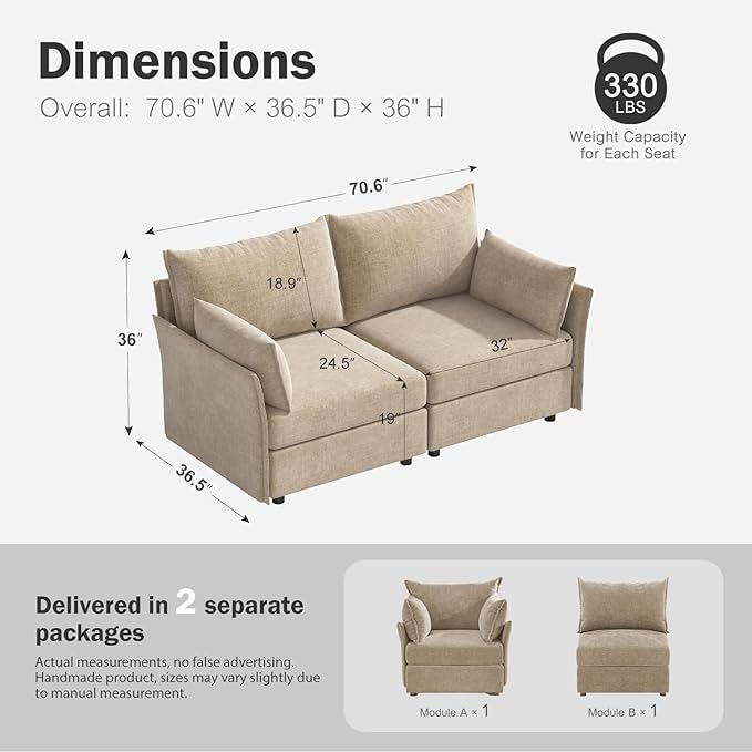 ABCASA Oversized Loveseat Sofa, Modern Modular Sectional Couch Beige Fluffy Chenille Mid Century 2-Seat 24.5" Deep Seat for Apartment, Living Room, Bedroom