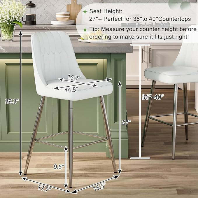Bar Stools Set of 2, Counter Height Bar Stools with Back and Footrest,27" Barstools with Faux Leather Seat and Black Metal Legs,Counter Stools for Kitchen Island,Pub,White Barstools