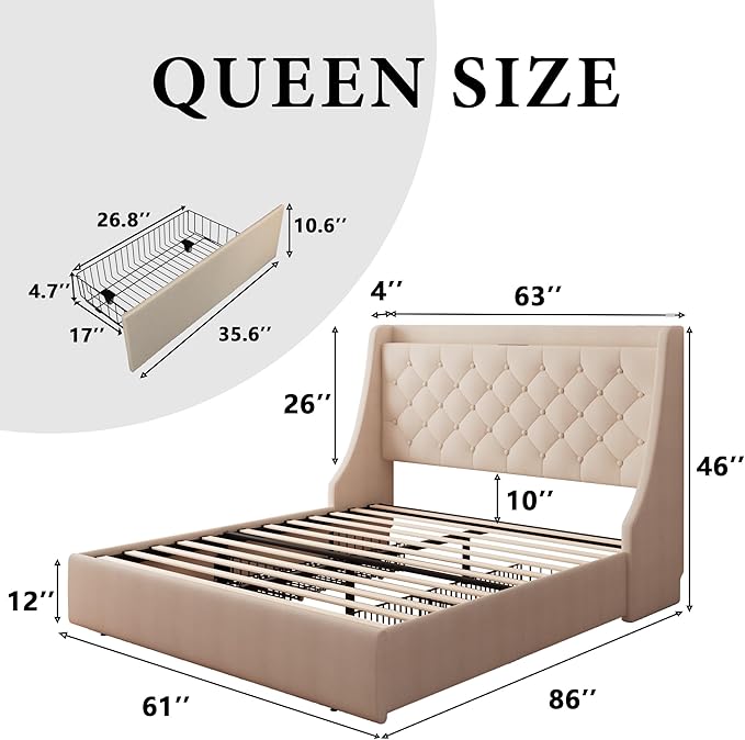 iPormis Queen Bed Frame with 4 Storage Drawers, Upholstered Platform Bed Frame with Type-C & USB Ports, Wingback Storage Headboard, Solid Wood Slats, No Box Spring Needed, Beige
