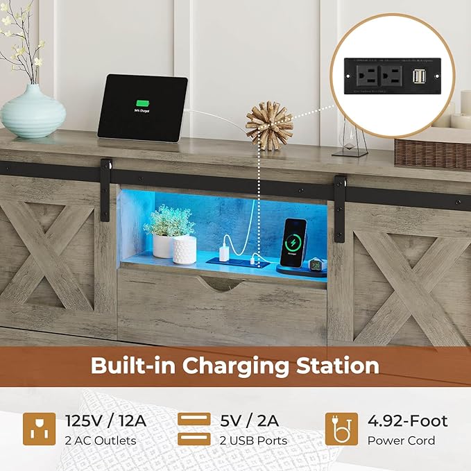 Hasuit Farmhouse Bed Frame Twin Size with 2 Storage Drawers, Wooden Platform Twin Bed with LED Lights and Charging Station, Rustic Accent Headboard with Sliding Barn Door Storage Cabinets