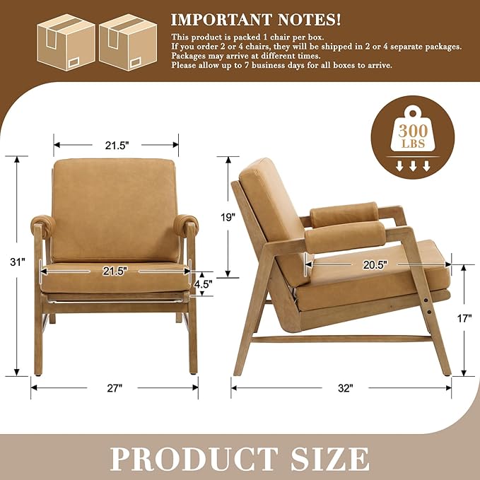 HEAH-YO Modern Accent Chair Set of 2, Upholstered PU Leather Living Room Chair with Wooden Frame, Comfy Armchair with Thick Cushion for Bedroom Balcony, Brown
