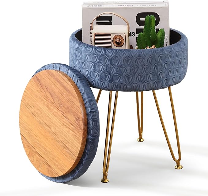 Cpintltr Foot Stool Velvet Storage Ottoman with Removable Lid Round Sofa Stools Foot Rest with Padded Seat Modern Style Makeup Stool Decorative Furniture Suitable for Lounge Dorm Room Bluish Grey