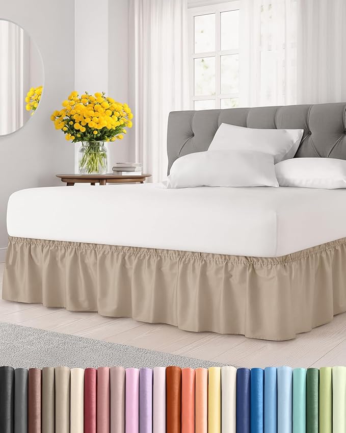 Wrap Around Dust Ruffle Bed Skirt - Cream - for King Size Beds with 21 Inch Drop - Easy Fit Elastic Strap - Adjustable Pleated Bedskirt w/Brushed Fabric - Wrinkle Free - for Women, Men, Kids & Teens
