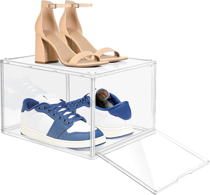 1 Pack Acrylic Drop Front Shoe Boxes Fit Size 13, Clear Stackable Shoe Organizer with Front Side Magnetic Door for Closet, Entryway, Underbed, Multiple Display Cases for Hats, Figures, Sneakers