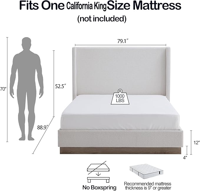 California King Size Upholstered Platform Bed Frame, 52.5" Tall Headboard Hosford Wingback Bedframes, Wood Base Floor Beds, No Box Spring Needed, No Noise, Minimalist, Cream White Boucle