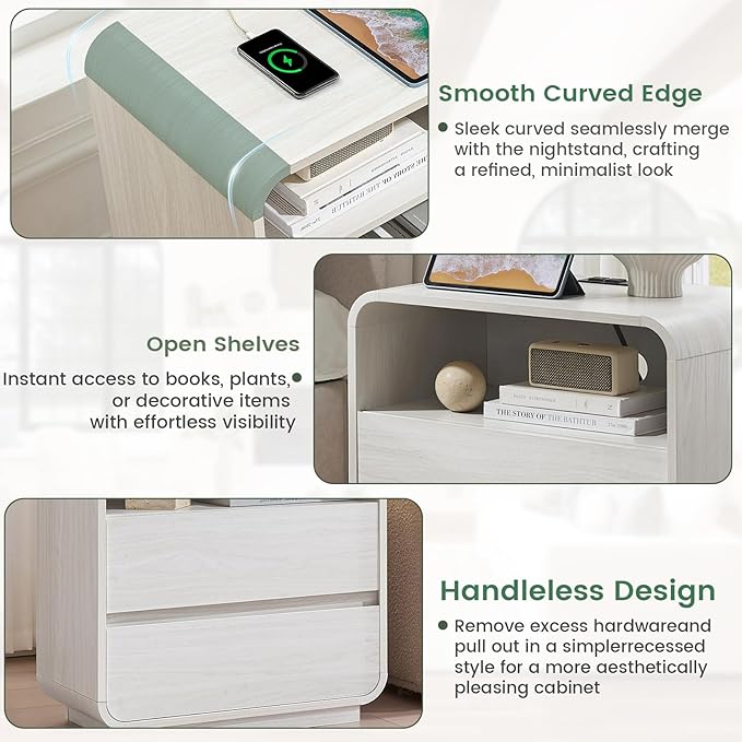 White Nightstand Set of 2 with Charging Station, 23.2" Wide Wood Bedside Table, Modern End Table with 2 Storage Drawers, Curved Profile, Handleless, Mid Century Night Stand for Bedroom