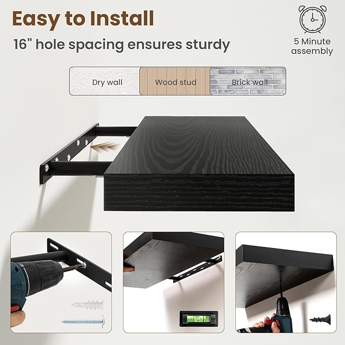 40 Inch Floating Shelves for Wall, 8 Inch Deep Floating Shelf for Storage & Display, Rustic Wall Mounted Shelf with Invisible Brackets for Living Room, Kitchen, Bathroom, Home Decor, Set of 2, Black