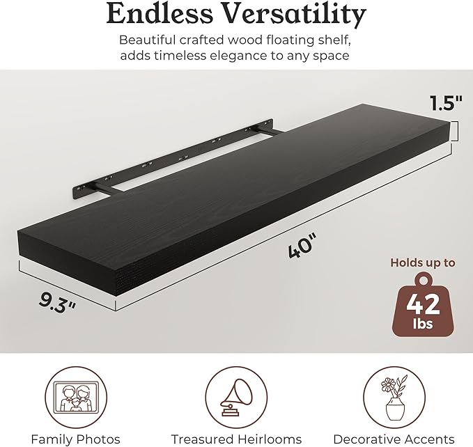 Floating Shelves for Wall, 9.3" Deep Wall Mounted Wood Shelves for Bathroom, Bedroom, Living Room, Kitchen, Hanging Shelf for Books/Storage/Room Decor (Black, 40")