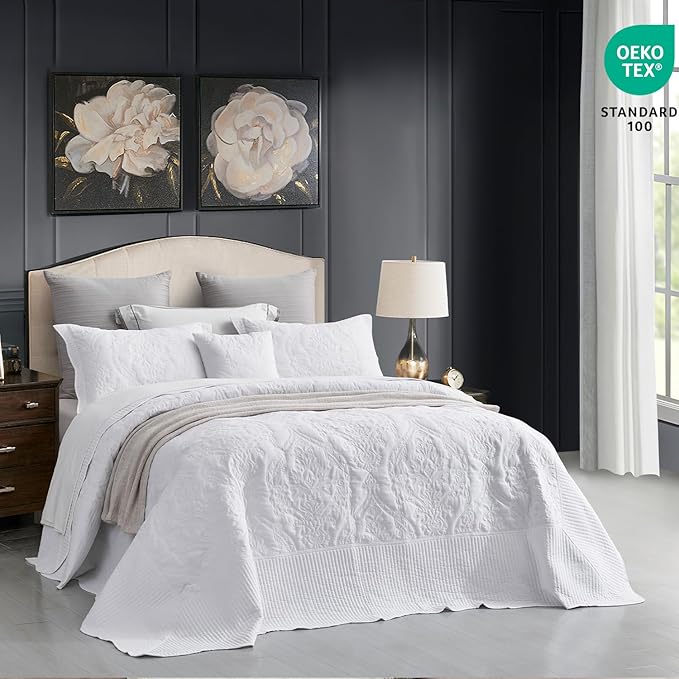 CHIXIN Oversized Bedspread Coverlet Set King Size - Lightweight Bedding Cover - Beautiful Stitching - 5 Piece Reversible Bedspread - Gorgeous Damask Paisley Pattern (King, Pure White)