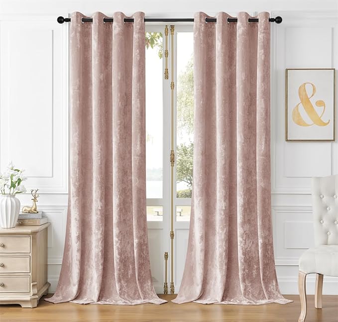 SMILETIME Pink Crushed Velvet Curtains 52x108 inch Luxurious Thermal Insulated Soundproof Drapes for Living Room Bedroom Office Soft and Durable Light-Filtering Window Treatments, 2 Panels