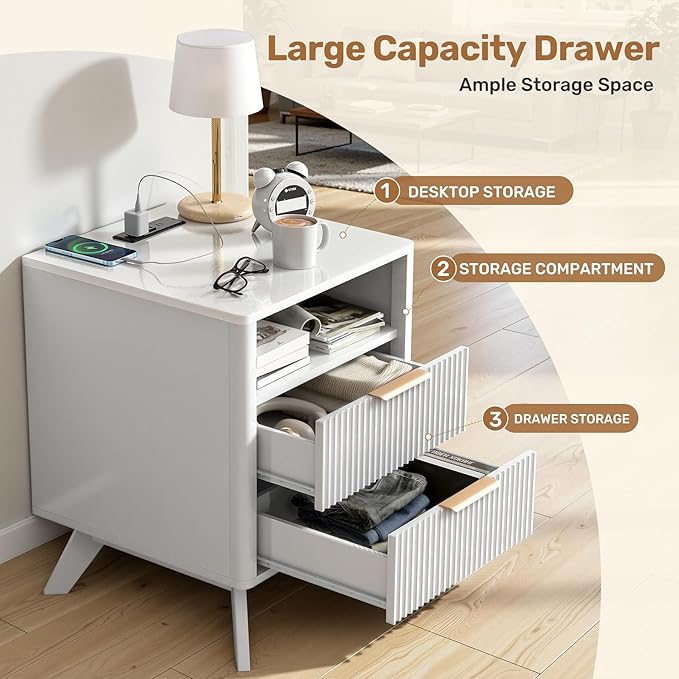 Modern Nightstand,Side Table with Charging Station,Bedside Tables with Drawer,Mid-Century End Tables Set (1-Piece),White