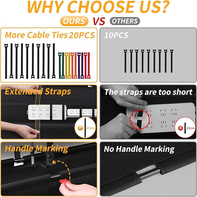 No Drill Under Desk Cable Management Tray, 28" Cord Organizer with Clamp, Fabric Cable Management for Standing Desks, Ideal for Home & Office - Black