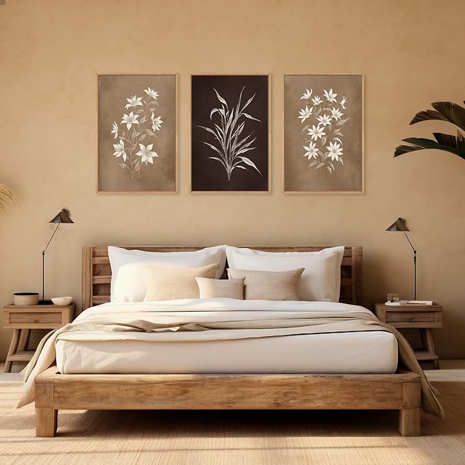 LHIUEM Large Vintage Neutral Botanical Framed Wall Art Set,Brown and Black Flower Wall Decor,Nature Wildflower Artwork,Rustic Plant Floral Art Prints for Living Room,Bedroom,Farmhouse - 24"x36"x3