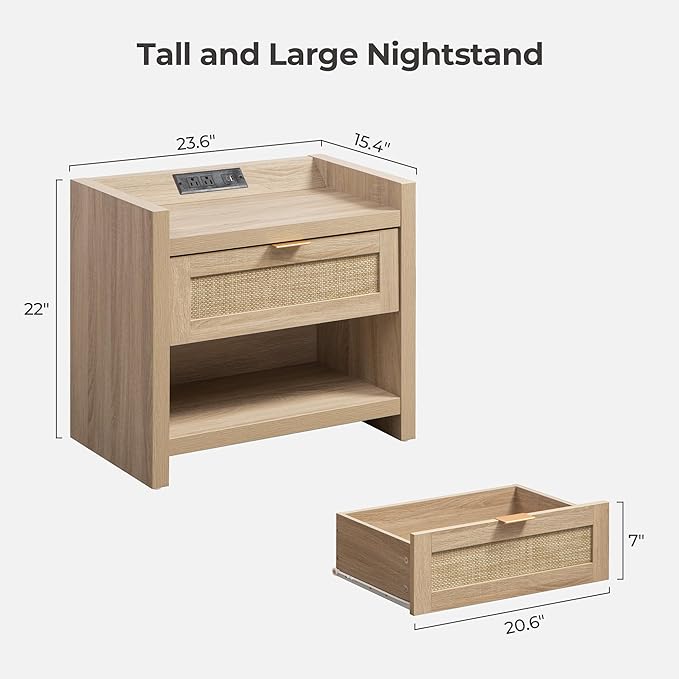 SICOTAS Rattan Nightstand End Table - Boho Night Stand Bedside Table with Type-C Charging Station, Wicker Decor Drawer Storage Cabinet Night Stand for Bedroom - Light Oak