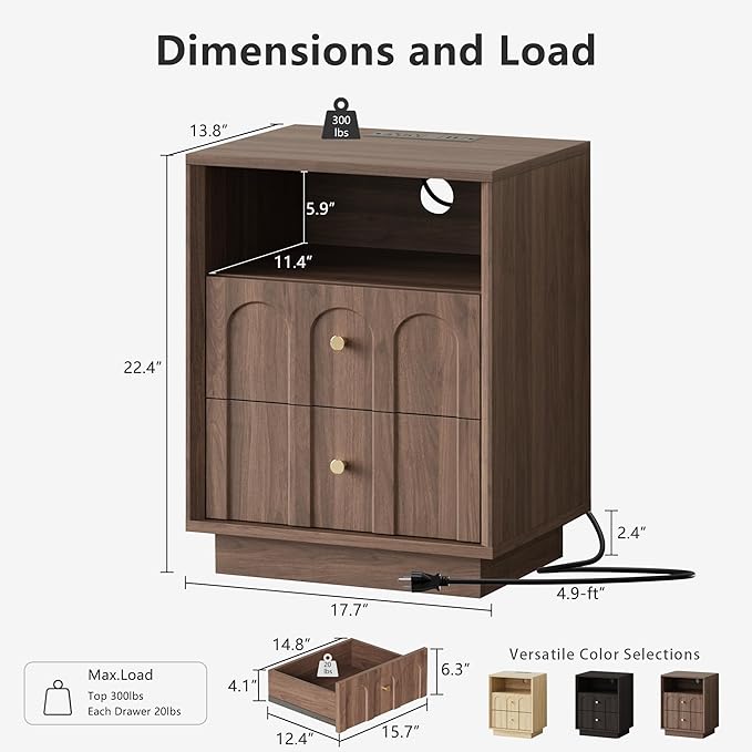 Nightstand Set of 2 with Charging Station, Mid Century Modern Nightstand with Arched Design,Minimalist End Table with Wood Grain Texture, Bedside Table for Bedroom Living Room, Walnut
