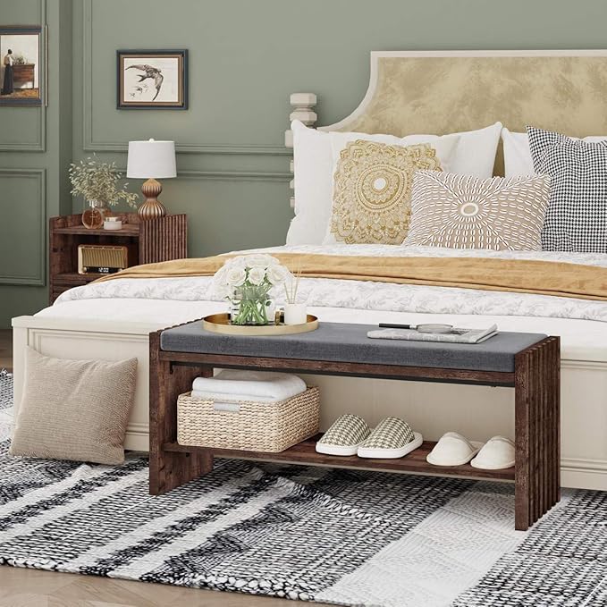 BON AUGURE Shoe Bench with Storage, Entryway Bench with Cushion & 2-Tier Shoe Rack, Modern Ottoman Storage Bench for Mudroom, Hallway, Bedroom (Rustic Oak, 40 Inch Wide)
