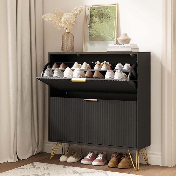 Shoe Cabinet with 2 Flip Drawers, Fluted Black Shoe Storage Cabinets, Hidden Shoe Cabinet Storage for Entryway Slim, Modern Freestanding Shoe Rack Organizer, Black