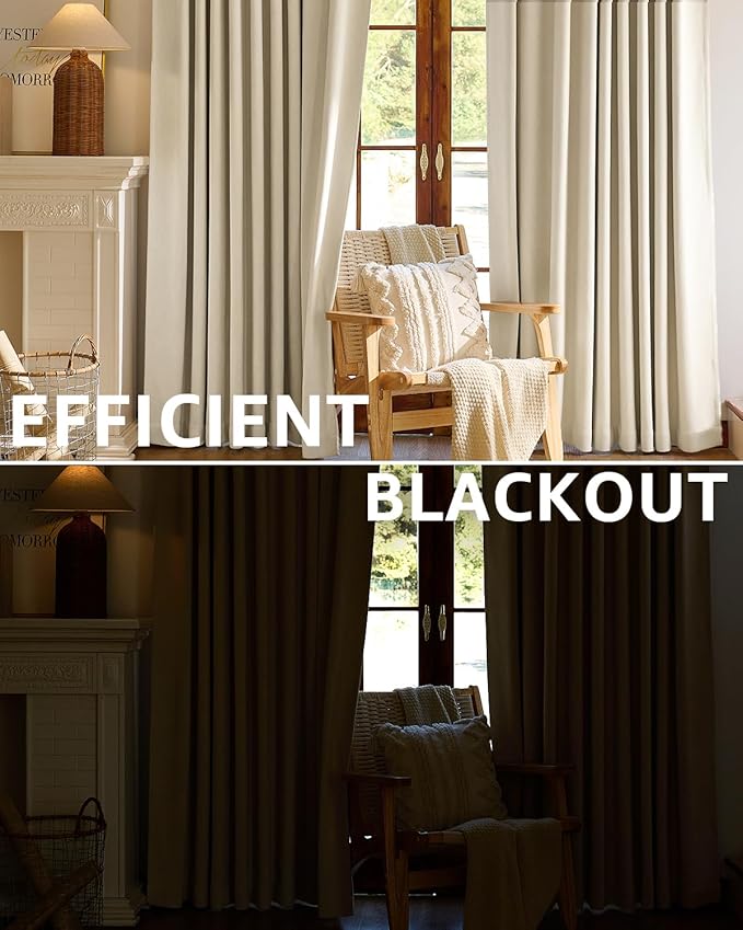 jinchan Chenille Blackout Curtains 108 Inches Long Beige Thermal Insulated Curtains for Living Room Bedroom 2 Panels Triple-Weave Noise Reducing Drapes Back Tab Privacy Window Curtains 50x108 Inch