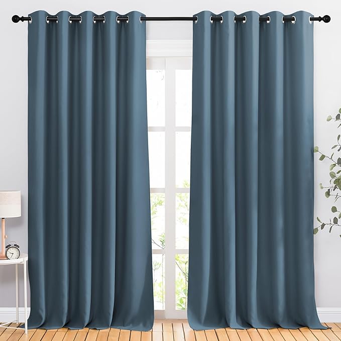 NICETOWN Room Darkening Window Curtains 90 inch Length - Thermal Insulated Grommet Light Blocking Solid Curtain Drapes for Bedroom/Living Room (Smoky Blue, Set of 2, 66" Wide Per Panel)