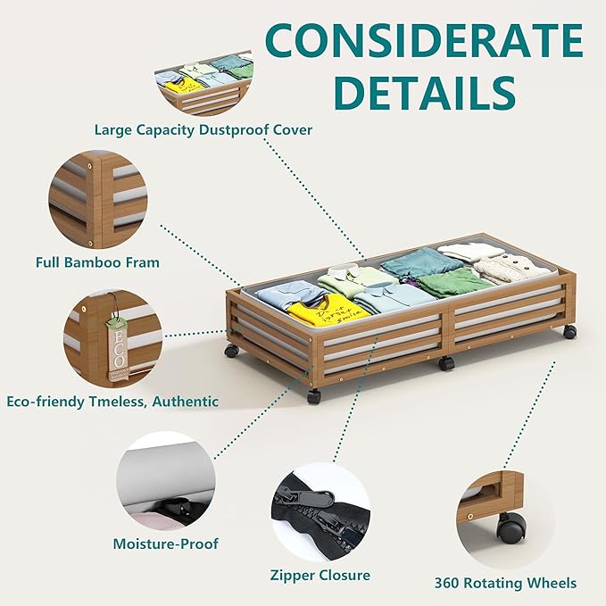 Wisuce Bamboo Under Bed Storage Containers- Underbed Organizer with Wheels with Large Dust Bag,Sturdy Wood Rolling Under the Bed Shoe Storage Organizer Drawer 2 Packs (Walnut, Long)