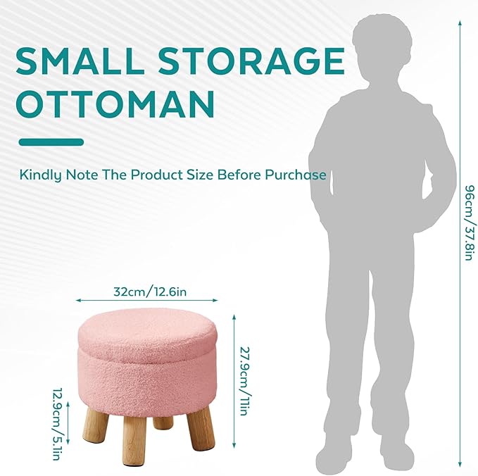 FIMIVIBI Small Foot Stool Ottoman with Storage, Sherpa Ottoman Foot Rest for Couch, Round Footstool with Storage, Small Ottomans and Footstools for Living Room and Entryway (Pink)