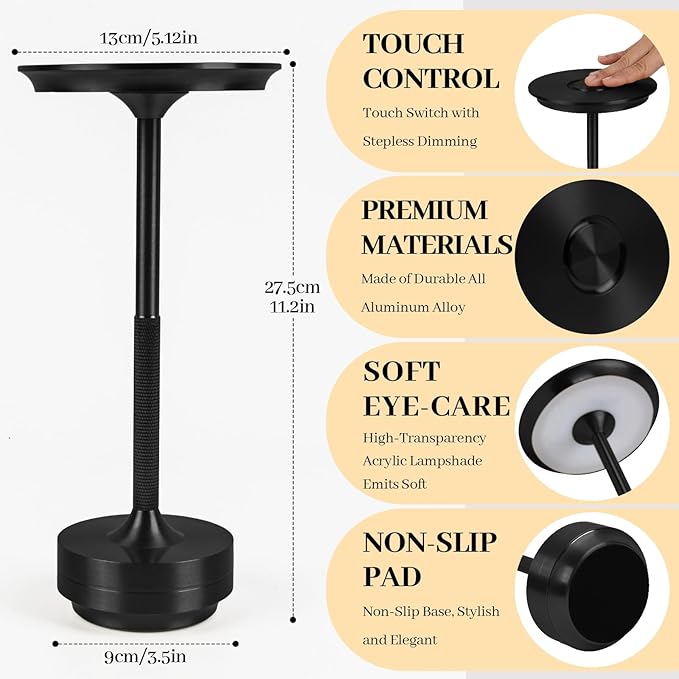 2 Pack Cordless Table Lamp Rechargeable, Portable Battery Powered USB Desk Lamp, 3 Color Dimming LED Table Light with Touch Control, for Bedroom/Restaurant/Office/Outdoor(Black)