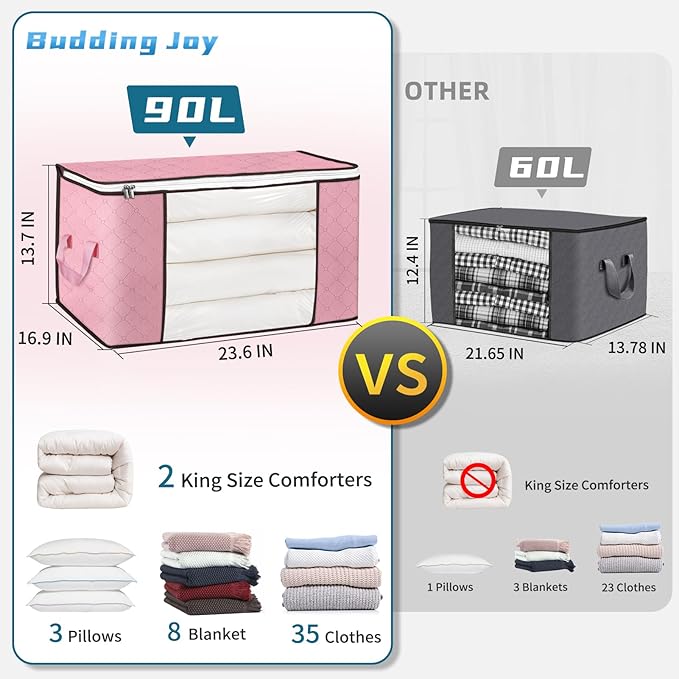 Budding Joy 90L Large Storage Bags, 4 Pack Clothes Storage Bins Foldable Closet Organizer Storage Containers Storage and Organization for Clothes, Blanket, Pillows and Toys (Pink)