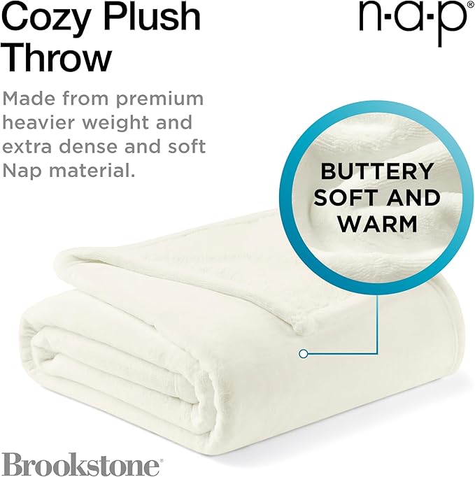 Brookstone Nap Plush Throw Blanket for Couch | Warm & Super Soft Blanket with Unmatched Heavy, Dense, and Ultra-Comfy Throw | Luxurious Drape, Cozying Up on a Sofa, Chair | Ivory