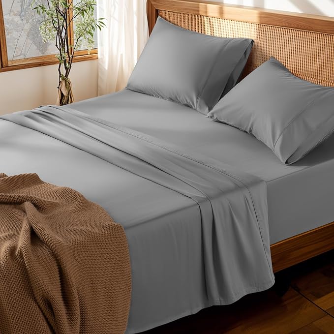 LBRO2M 100% Cotton Sheets Set Deep Pocket 19", 1000 Thread Count California King Size 4 Piece Bed Sheet Sets Soft Comfortable Bedding All Season (California King, Gray)