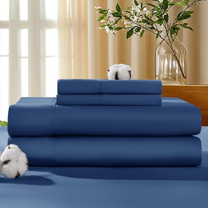 LBRO2M 100% Cotton Sheets Set Deep Pocket 19", 1000 Thread Count California King Size 4 Piece Bed Sheet Sets Soft Comfortable Bedding All Season (California King, Navy Blue)