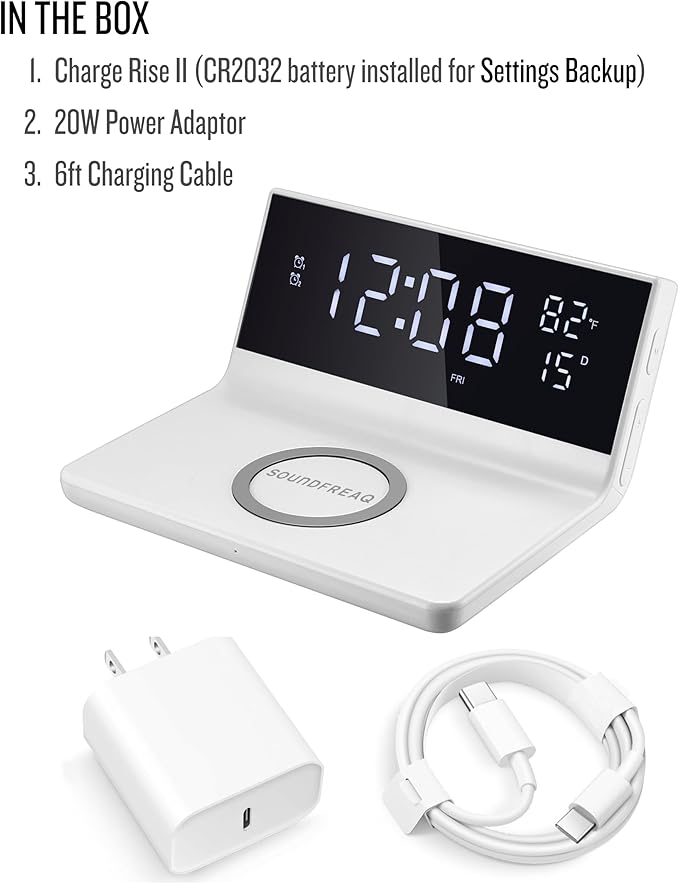 Soundfreaq Charge Rise II, SFQ-20: Digital Alarm Clock, with Dual Alarms, Fast USB Charger and Wireless Charger