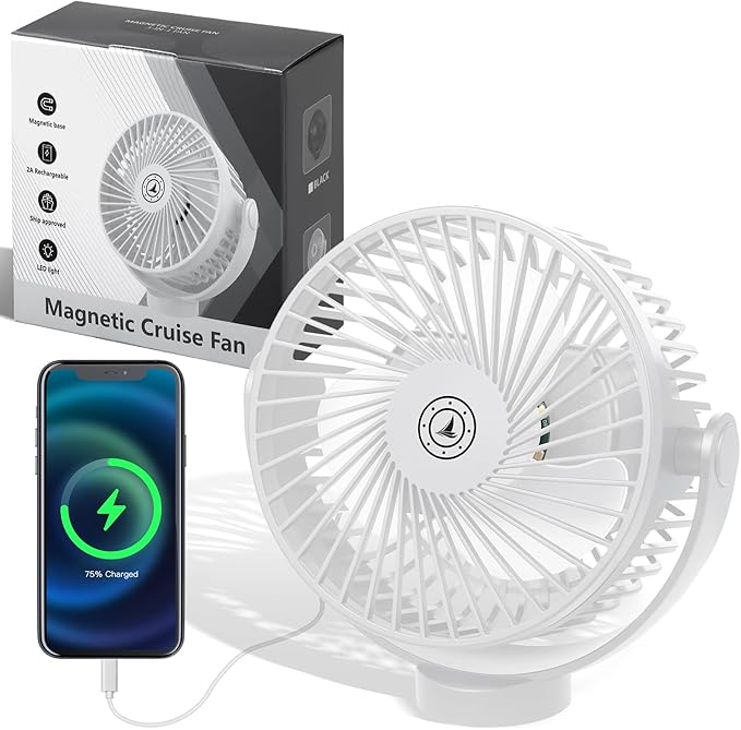 Fanopera Magnetic Cruise Fan with 12000mAh Battery - Portable Cabin Air Circulator, 3-Speed LED Desk Fan with Timer, Power Bank & Ceiling/Wall Mount, Cruise Ship Approved for Travel (White)