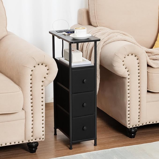 LOAKEKEL Narrow End Table Living Room with Charging Station, Skinny Side Table with Fabric Drawers, Slim Nightstand for Bedroom, Small Spaces, Couch, Black, HETNDP03BK-1