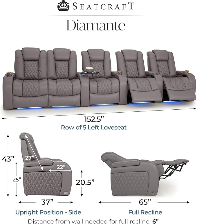 Seatcraft Diamante Zero-Gravity CoolZero Italian Leather Home Theater Seating, Power Headrest, Power Recline, Row of 5 Left Loveseat, Gray