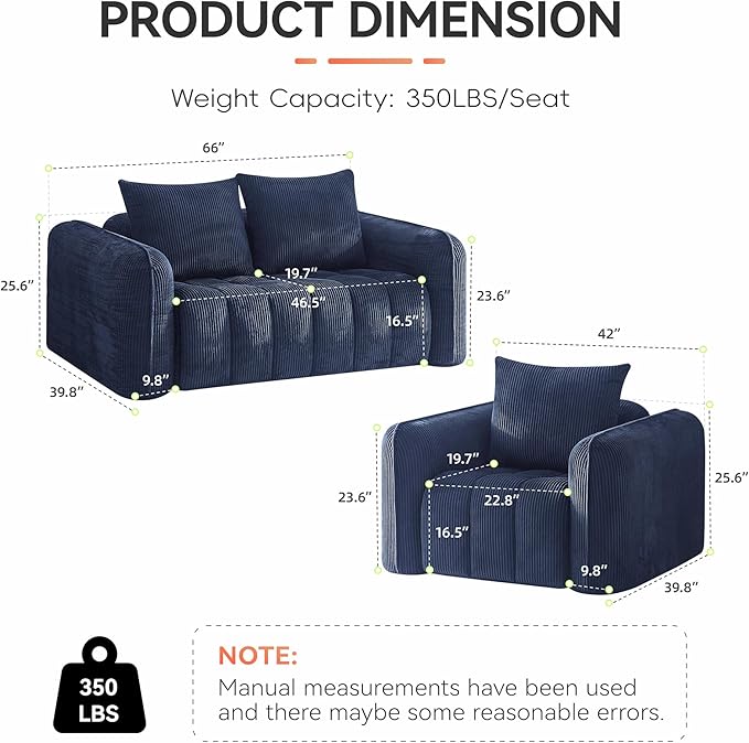 Corduroy Boneless Living Room Sets, Modern Upholstered Loveseat with 2 Signle Sofa Chairs, Comfy Deep Seat Cloud Sofa Couch Sets for Living Room, Navy