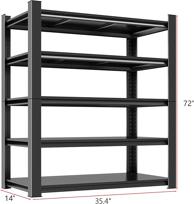 Metal Garage Shelving Unit, Heavy Duty 5-Tier Adjustable Storage Rack, Steel Shelving, 3020 lbs Capacity, Industrial Shelves for Heavy Tools and Equipment, Ideal for Garage, Basement, Black, 72"