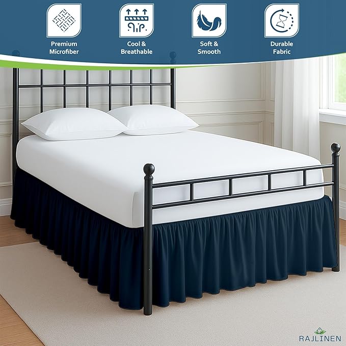 Rajlinen Ruffled Bed Skirt California King, 15 Inch Drop Dust Ruffle with Split Corners, 100% Microfiber Bedskirt with Platform, Three-Sided Coverage Ruffled Gathering Design, Navy Blue
