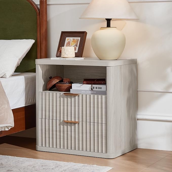 LEYAOYAO Fluted Nightstand with Charging Station, 23" Wide 2 Drawers Night Stand,LightGrey End Table with Open Storage,Farmhouse Bed Side Tables, Wood Dresser for Bedroom, Living Room, Closet