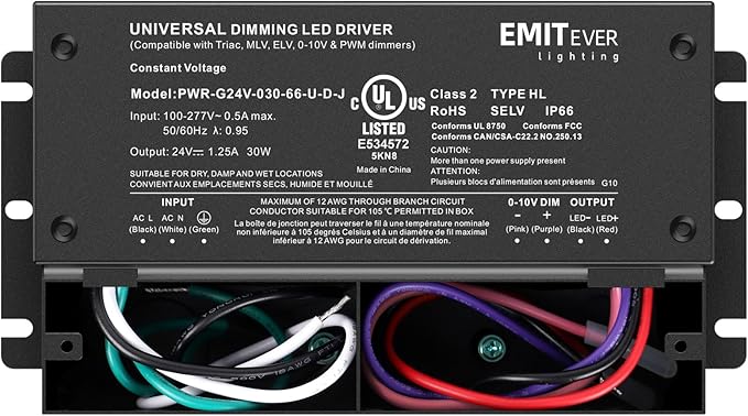 EMITEVER 30W Dimmable LED Driver, 24V Triac Dimmable Power Supply, AC to DC Transformer for LED Light, Compatible with Lutron and Leviton Dimmer, Waterproof IP67 and UL Listed, Class 2